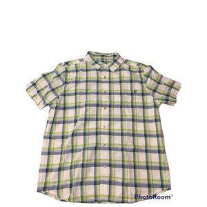Marmot Mens Short Sleeve Green Blue Plaid Button Front Shirt Shirt Size Large XL